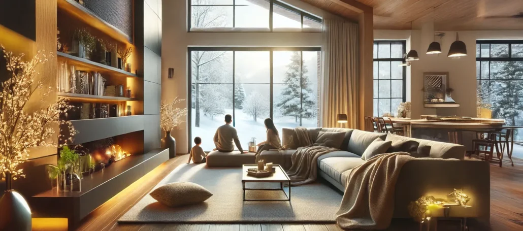 cozy, modern living room in winter with large windows showing a snow