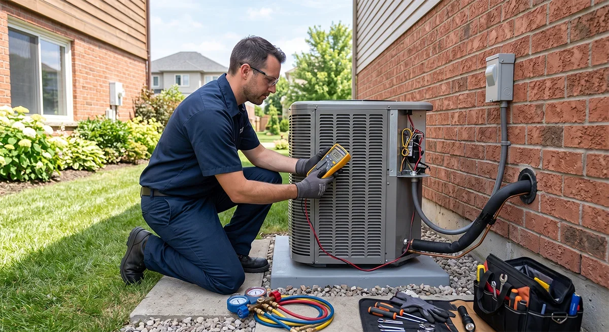 AC Commissioning Checklist for Peak Summer Conditions in Ontario Ontario HVAC technician inspecting an AC installation before commissioning