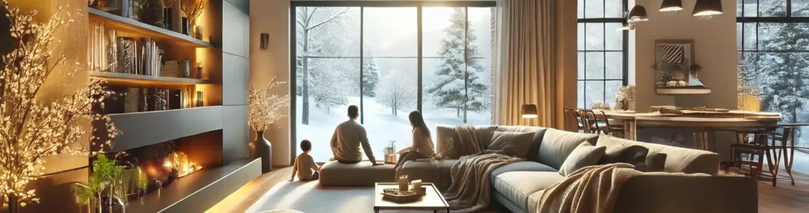 cozy, modern living room in winter with large windows showing a snow